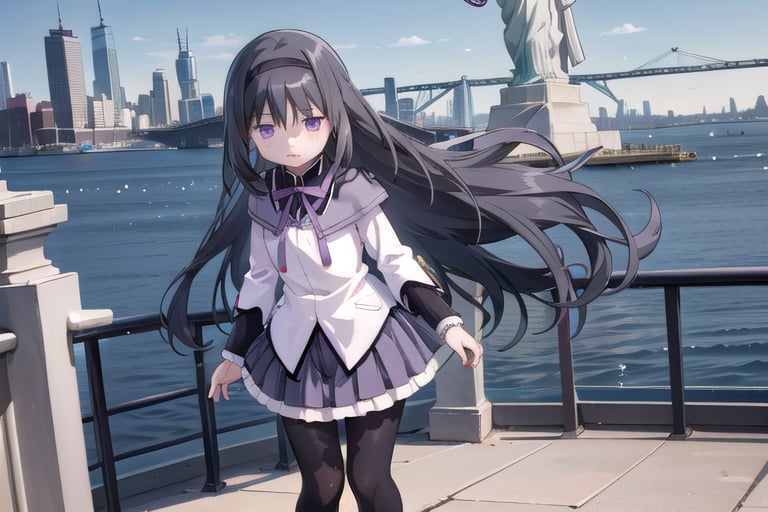 homuramagica, long hair, pantyhose, purple eyes, 

1 girl,
solo,
6 years old,
Homura Akemi from Puella Magi Madoka Magica,
young female,
Japanese,
bright purple eyes,
long straight black hair,
red ribbon in hair,
sparkle with determination and mystery,
serious expression,
speaking,

wearing a modified magical girl outfit,
purple and white color scheme,
short pleated skirt,
white blouse with purple bow,
black thigh-high stockings,
purple diamond-shaped soul gem on left hand,

front of the Statue of Liberty in New York,


bright sunny day,
clear blue sky,
sunlight,

high-resolution,
highly detailed,
masterpiece,
8K,
photorealistic,

medium shot,
stunning,
visually striking,

