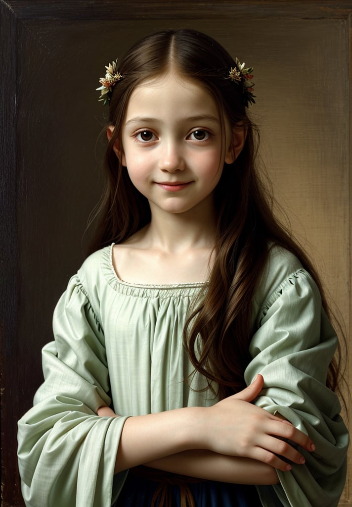 Renaissance portrait in the style of Leonardo da Vinci, upper body of a 5-year-old boy as Jesus Christ, sfumato technique, subtle gradations, enigmatic smile, muted earth tones, atmospheric perspective, detailed background landscape, chiaroscuro lighting, realistic child anatomy, intricate drapery of Renaissance clothing, oil on wood panel, high level of detail, masterful composition, soft ethereal glow, gentle facial features, flowing hair, delicate hands, serene and divine expression, robe in muted colors, subtle halo effect