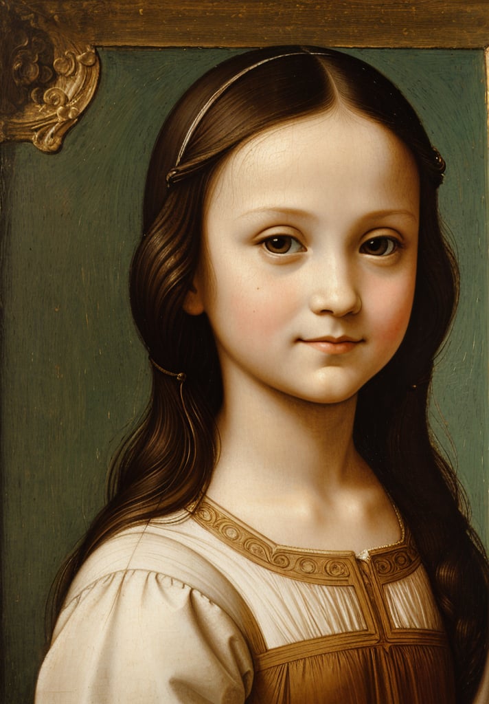 A painting of a 5-year-old girl in Leonardo da Vinci's style, characterized by innocent, playful, and detailed features.