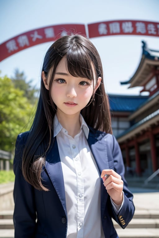 A young Japanese girl with long, raven-black hair standing in front of the iconic main gate of the University of Tokyo, her eyes filled with a sense of determination and intellectual curiosity. She wears a futuristic-inspired school uniform that blends traditional Japanese design elements with advanced, high-tech materials. The contrast between the classical architectural style of the university gate and the girl's forward-looking attire creates a sense of both reverence for the institution's history and excitement for its role in shaping the future. The scene conveys a feeling of academic ambition and the girl's aspiration to be a part of Japan's continued intellectual and technological progress.