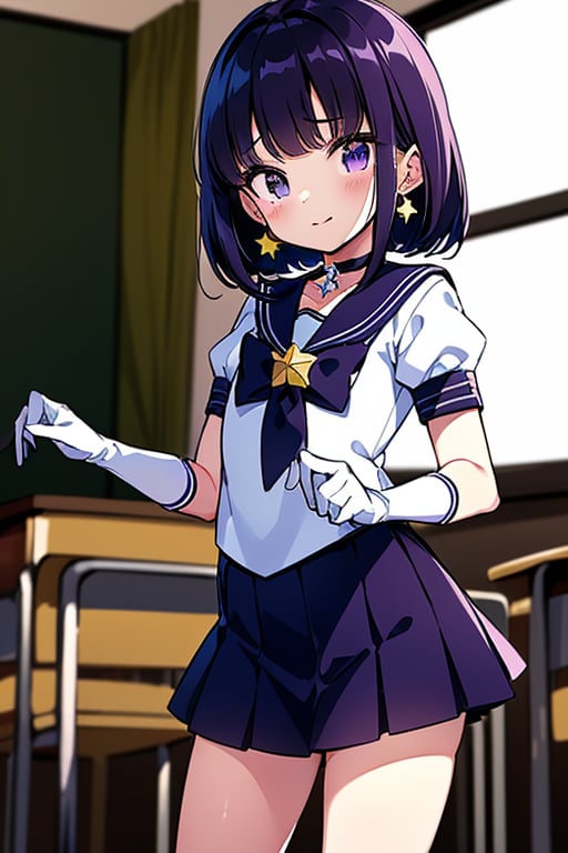  (A five-year-old girl:1.5),
 (Five years old:1.5),
 (infant:1.5),
 (little girl:1.5),
A beautiful and detailed illustration of a 6-year-old Japanese schoolgirl in a classroom setting, incorporating Sailor Saturn elements. She has short purple hair, purple eyes, and is wearing a magical girl outfit with a sailor senshi uniform, miniskirt, purple sailor collar, white gloves, circlet, brooch, choker, earrings, gloves, jewelry, and a star choker. The image should be in a high-quality, 8k resolution, with perfect lighting, extremely detailed CG, and perfect hands and anatomy. The girl should be looking at the viewer in a cowboy shot, with a natural light source and a school background. 