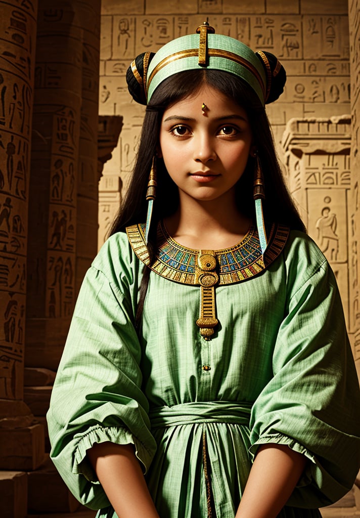 Generate a painting of a 5-year-old girl in an ancient Egyptian city, depicted in the distinctive style of Leonardo da Vinci. The scene should showcase intricate architectural details of Egyptian temples and pyramids, with the girl positioned in the foreground. Utilize the sfumato technique to achieve soft transitions between colors and tones. Ensure the inclusion of realistic human anatomy and natural elements such as the Nile River. Highlight the girl's curious expression and delicate features. Infuse da Vinci's fascination with light and shadow to create a mysterious atmosphere. Seamlessly blend Renaissance and ancient Egyptian aesthetics.