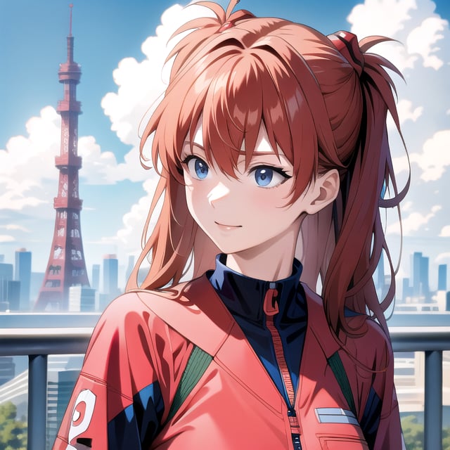 Photorealistic 8K high-resolution image of a 6-year-old Asuka Langley Soryu from Neon Genesis Evangelion, upper body portrait, bright sunny day, vibrant red hair with neural clips, blue eyes, cheerful expression, wearing her iconic red plug suit or school uniform, Tokyo Tower in the background, hyper-detailed, ultra-realistic, natural lighting, professional photography