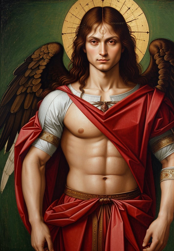 Create a portrait of Archangel Michael, wearing upper body attire, in the style of Leonardo da Vinci. Incorporate elements such as sfumato technique, realistic human anatomy, intricate drapery, and chiaroscuro lighting to capture the essence of the High Renaissance
