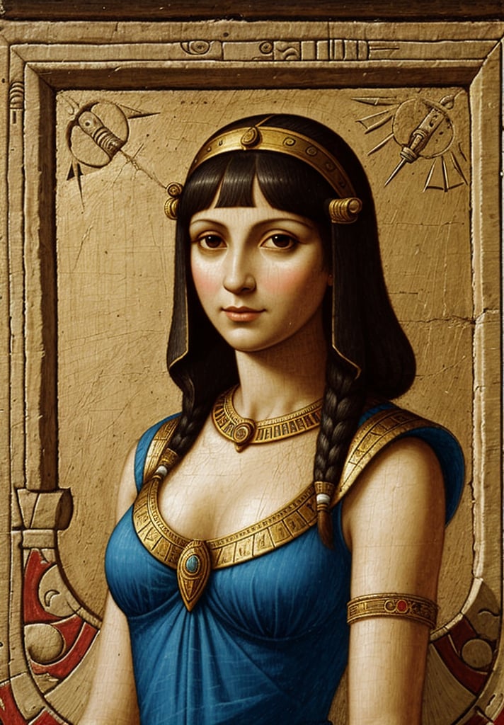 A High Renaissance style painting of the upper body of Cleopatra, the Egyptian queen, depicted in Leonardo da Vinci's distinctive style. The scene should feature intricate architectural details of ancient Egyptian temples and pyramids in the background, with Cleopatra in the foreground. Use the sfumato technique for soft transitions between colors and tones, creating a smoky effect without lines or borders. Include realistic human anatomy and natural elements like the Nile River. Emphasize Cleopatra's regal and enigmatic expression, capturing the complexity of her character. Incorporate da Vinci's fascination with light and shadow, creating a mysterious and ethereal atmosphere. Blend Renaissance aesthetics with ancient Egyptian architectural elements seamlessly. Pay attention to the subtle gradations in Cleopatra's facial features and clothing, mimicking da Vinci's meticulous approach to detail and scientific observation of light and form.