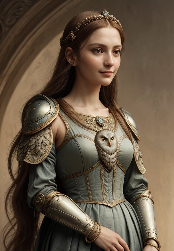 Renaissance portrait in the style of Leonardo da Vinci, upper body of goddess Athena, sfumato technique, subtle gradations, enigmatic smile, muted earth tones, atmospheric perspective, detailed background landscape, chiaroscuro lighting, realistic female anatomy, intricate drapery of Renaissance clothing, oil on wood panel, high level of detail, masterful composition, soft ethereal glow, gentle yet strong facial features, flowing hair, delicate hands, serene and wise expression, ornate armor, subtle halo effect, owl companion.