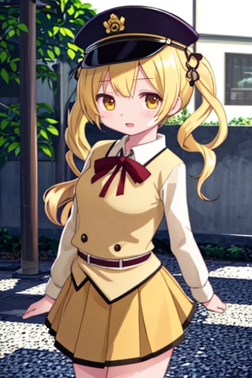 Create a stunning, high-resolution masterpiece of a solo young Japanese girl, around 6 years old, with blonde hair styled in twin drills and twintails, adorned with a cute hair ornament. Her bright yellow eyes sparkle with innocence and curiosity. She wears a traditional Japanese police uniform, including a collared shirt, pleated skirt, and a police cap. Her expression is one of playfulness and wonder, capturing the charm and energy of a young child. Generate an image that is highly detailed and visually striking, with a focus on the character's youthful innocence and endearing personality. Highly detailed, masterpiece, 8K, 3D, photorealistic, 1 girl, solo, young, female, Japanese, police uniform, police cap, playful expression, curious.