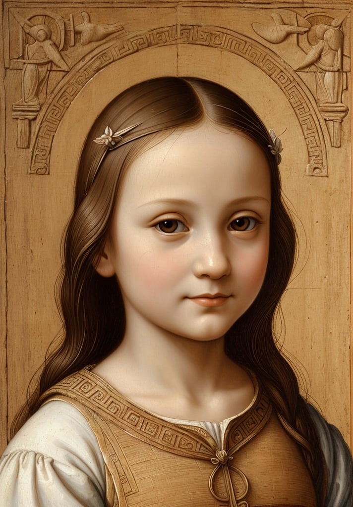 A portrait in the distinctive style of Leonardo da Vinci, depicting the upper body of a 5-year-old girl dressed in traditional ancient Greek clothing. The background subtly hints at an ancient Greek city, with elements such as detailed architecture, temples, and market scenes visible but not distracting from the main subject. The girl has a serene and innocent expression, and the painting captures the intricate details and realistic textures typical of Leonardo da Vinci's work, with a focus on light and shadow to create depth and dimension. Use the sfumato technique for soft transitions between colors and tones, and emphasize the girl's delicate features and curious expression. Blend Renaissance and ancient Greek aesthetics seamlessly.