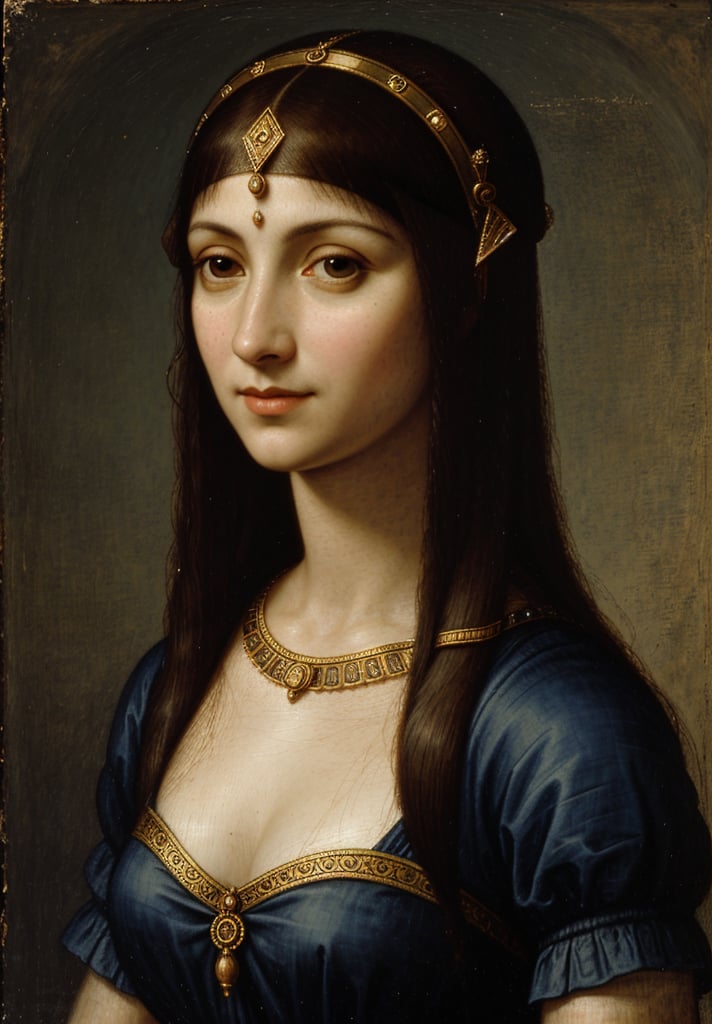 A portrait of Cleopatra, Queen of Egypt, in the style of Leonardo da Vinci, wearing her iconic upper body clothing. The painting should feature sfumato technique, subtle gradations, an enigmatic smile, muted earth tones, atmospheric perspective, a detailed background landscape, chiaroscuro lighting, realistic human anatomy, intricate drapery, and a high level of detail.
