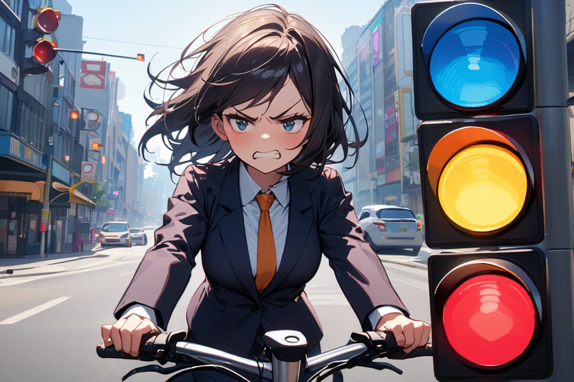 standing,

(cowboy shot:1.1),

A 30-year-old female office worker with distinctive features, riding a bicycle. She has long black hair and an angry expression. She is dressed in professional office attire. The background is a bright, sunny day at a traffic intersection with traffic lights. The shot is a cowboy shot, focusing on her upper body, with an emphasis on insane detail and ultra detail