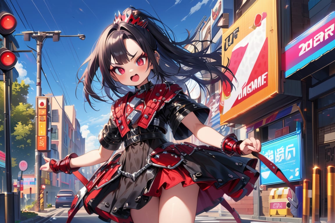 standing,

(9 year old girl:1.7), 
(cowboy shot:1.1),

solo, (insanely detailed:1.1), (Ultra detailed:1.1), young Japanese woman, Yuimetal from BABYMETAL, 20 years old, black hair, cute and energetic expression, kawaii style, metal-inspired outfit, bright sunny day, busy intersection with traffic lights in background