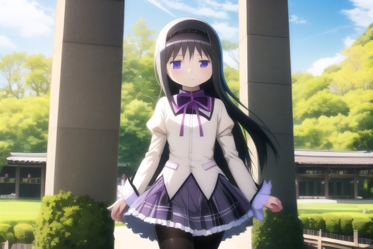 homuramagica, long hair, pantyhose, purple eyes, 

1 girl,
solo,
6 years old,
Homura Akemi from Puella Magi Madoka Magica,
young female,
Japanese,
bright purple eyes,
long straight black hair,
red ribbon in hair,
sparkle with determination and mystery,
serious expression,
speaking,

wearing a modified magical girl outfit,
purple and white color scheme,
short pleated skirt,
white blouse with purple bow,
black thigh-high stockings,
purple diamond-shaped soul gem on left hand,

front of Nagoya Castle in Japan,
bright sunny day,
clear blue sky,
sunlight,

high-resolution,
highly detailed,
masterpiece,
8K,
photorealistic,

medium shot,
stunning,
visually striking,

