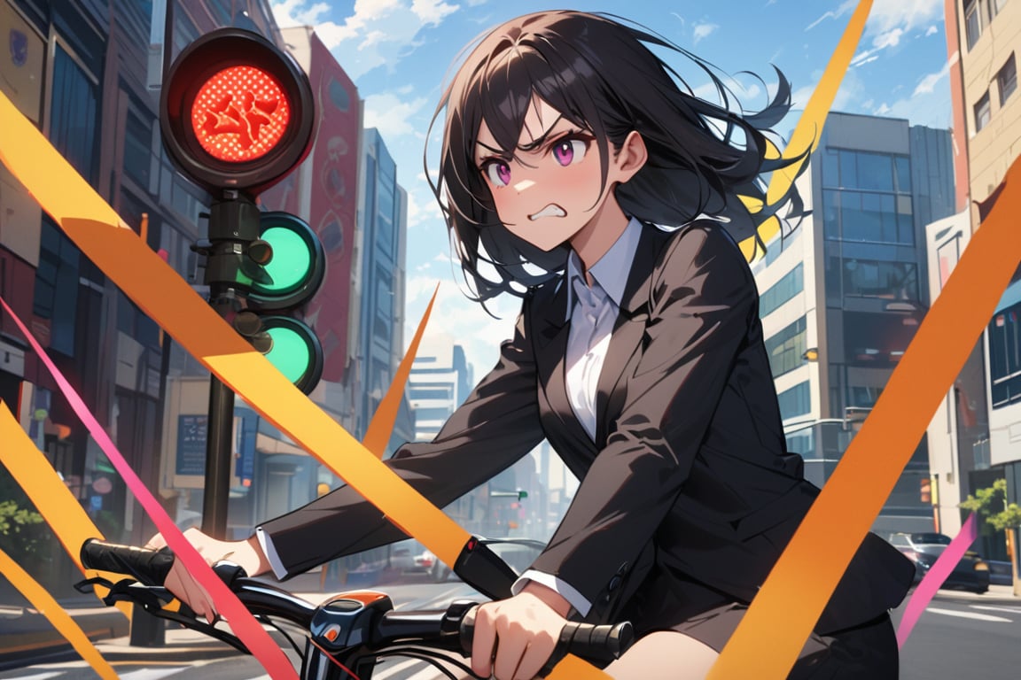 standing,

(cowboy shot:1.1),

A 30-year-old female office worker with distinctive features, riding a bicycle. She has long black hair and an angry expression. She is dressed in professional office attire. The background is a bright, sunny day at a traffic intersection with traffic lights. The shot is a cowboy shot, focusing on her upper body, with an emphasis on insane detail and ultra detail