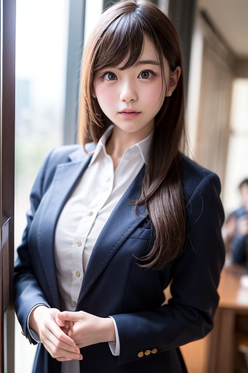 A young Japanese girl with long, raven-black hair standing in front of the imposing National Diet Building in Tokyo, her eyes filled with a sense of wonder and purpose. She wears a futuristic-inspired school uniform with clean lines and advanced materials, suggesting a vision of Japan's technological and societal progress. The contrast between the traditional architectural style of the parliament building and the girl's forward-looking attire creates a sense of both reverence for the past and optimism for the future. The scene conveys a feeling of civic engagement, as the girl contemplates her role in shaping the country's path forward.