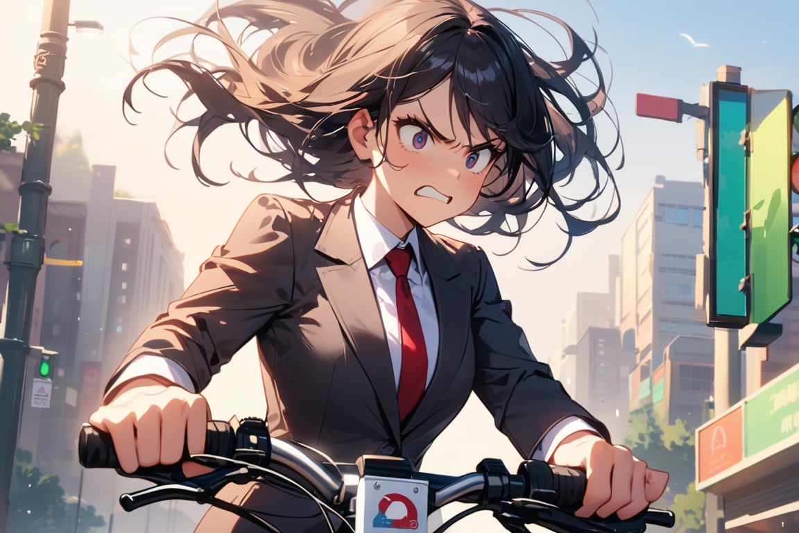 standing,

(cowboy shot:1.1),

A 30-year-old female office worker with distinctive features, riding a bicycle. She has long black hair and an angry expression. She is dressed in professional office attire. The background is a bright, sunny day at a traffic intersection with traffic lights. The shot is a cowboy shot, focusing on her upper body, with an emphasis on insane detail and ultra detail