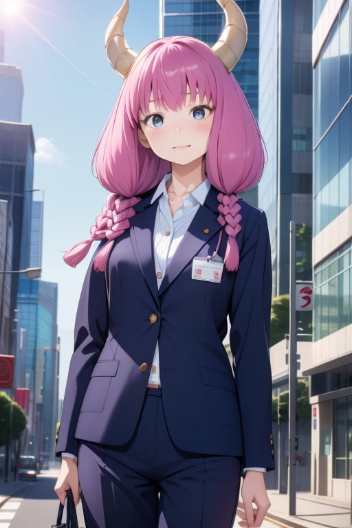 (solo:1.1),
young,
petite,
6-year-old,
Japanese girl,
gentle and kind expression,

aaaura,
braid,
twin braids,
horns,

(Office worker clothes:1.1),

looking at the viewer, cowboy shot,

In front of a building in Shinjuku,

bright,
sunny day,

photorealistic,
ultra-high-resolution,
8K,
