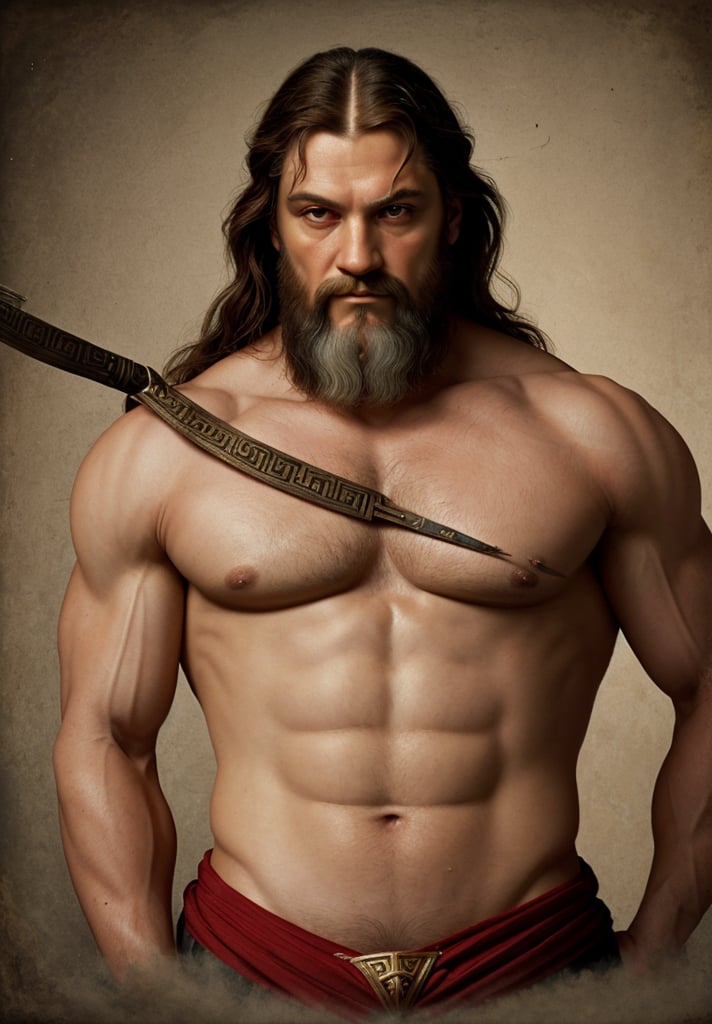 Create a portrait of Zeus, the Greek god, wearing upper body attire, in the style of Leonardo da Vinci. Incorporate elements such as sfumato technique, realistic human anatomy, intricate drapery, and chiaroscuro lighting to capture the essence of the High Renaissance.