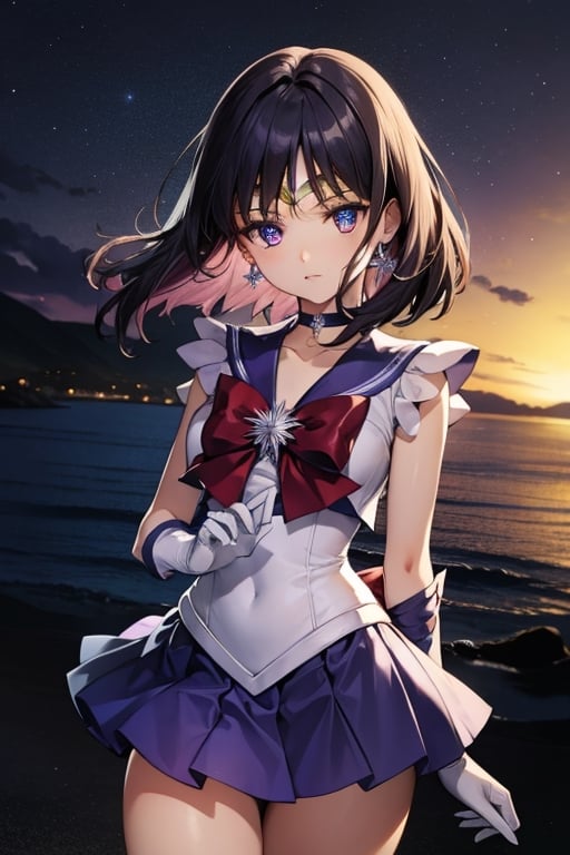 sailorsaturn, sailor saturn, (purple eyes:1.1), short hair, purple hair, circlet,BREAK brooch, choker, earrings, gloves, jewelry, magical girl, miniskirt, purple sailor collar, sailor collar, sailor senshi uniform, skirt, star choker, white gloves,BREAK outdoors, night, sky, star \(sky\), moon,BREAK looking at viewer, (cowboy shot:1.5),BREAK (masterpiece:1.2), best quality, high resolution, unity 8k wallpaper, (illustration:0.8), (beautiful detailed eyes:1.6), extremely detailed face, perfect lighting, extremely detailed CG, (perfect hands, perfect anatomy),sailor saturn