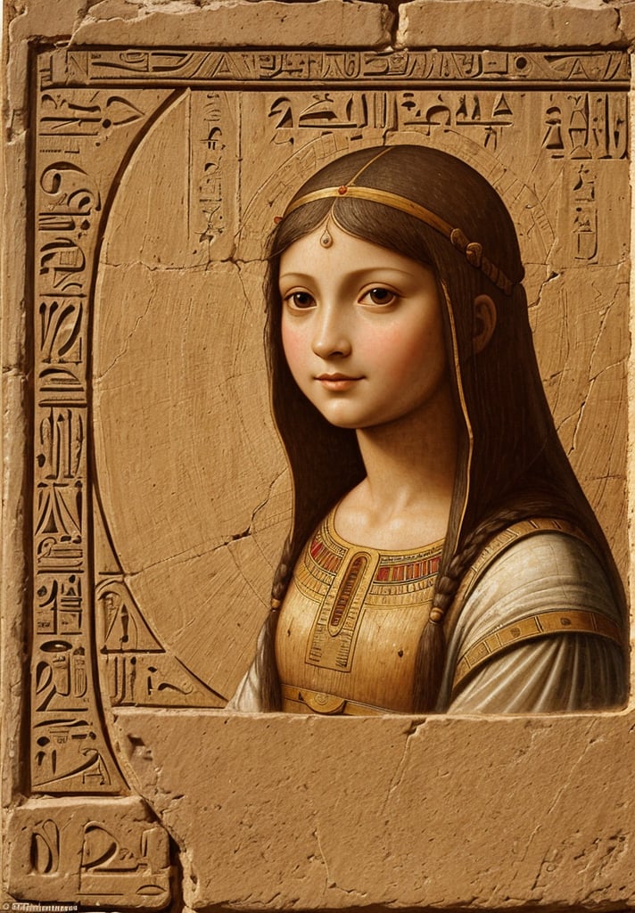 A painting of a 5-year-old girl in an ancient Egyptian city, depicted in Leonardo da Vinci's distinctive style. The scene should feature intricate architectural details of Egyptian temples and pyramids, with the girl in the foreground. Use sfumato technique for soft transitions between colors and tones. Include realistic human anatomy and natural elements like the Nile River. Emphasize the girl's curious expression and delicate features. Incorporate da Vinci's fascination with light and shadow, creating a mysterious atmosphere. Blend Renaissance and ancient Egyptian aesthetics seamlessly