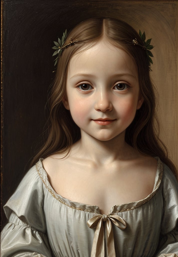 Renaissance portrait in the style of Leonardo da Vinci, upper body of a 5-year-old girl as young Virgin Mary, sfumato technique, subtle gradations, enigmatic smile, muted earth tones, atmospheric perspective, detailed background landscape, chiaroscuro lighting, realistic child anatomy, intricate drapery of Renaissance clothing, oil on wood panel, high level of detail, masterful composition, soft ethereal glow, gentle facial features, flowing hair, delicate hands, serene and innocent expression, simple robe, subtle halo effect.