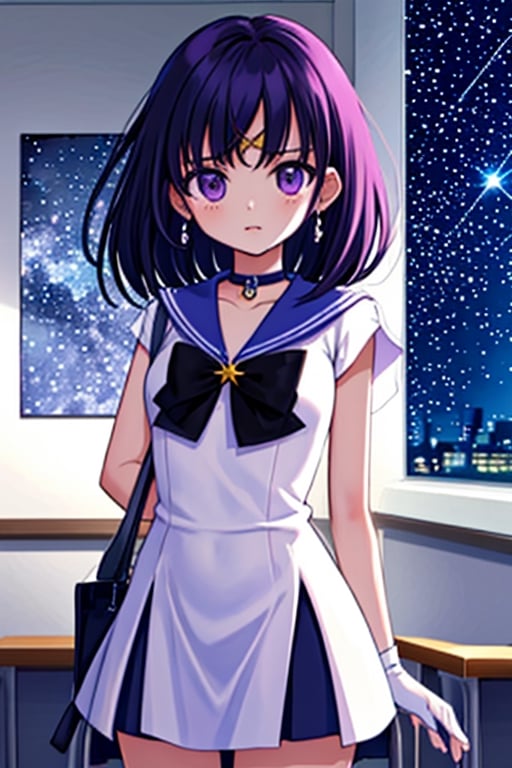 Generate a high-quality image of a 6-year-old Japanese schoolgirl in a classroom setting, dressed as Sailor Saturn. She should have purple eyes, short purple hair, and wear a circlet, brooch, choker, earrings, gloves, and a sailor senshi uniform with a miniskirt. The image should be set against a night sky with stars and a moon, and the girl should be looking directly at the viewer with a cowboy shot composition. The image should be a masterpiece with best quality, high resolution, and unity 8k wallpaper standards. The illustration should have beautiful, detailed eyes, an extremely detailed face, perfect lighting, and extremely detailed CG with perfect hands and anatomy. The background should be a beautiful, high-quality image of a school, with a focus on the girl as Sailor Saturn