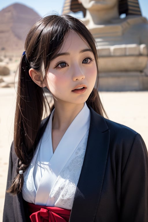 A beautiful black Japanese elementary school girl with long, flowing black hair styled in elegant vertical rolls and captivating eyes stands before the enigmatic Great Sphinx in the ancient Egyptian desert. She wears a traditional Japanese kimono and hakama. Her expression reveals a mixture of awe, curiosity, and wonder as she gazes up at the colossal statue. She could be looking up at the Sphinx's face, walking at its feet, or trying to solve its ancient riddle. The scene is captured in high resolution and with the highest image quality, creating a realistic and captivating depiction of a young girl experiencing the grandeur of ancient Egypt while embracing her Japanese heritage.