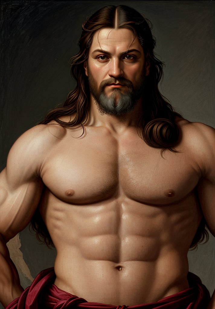 Create a portrait of Zeus, the Greek god, wearing upper body attire, in the style of Leonardo da Vinci. Incorporate elements such as sfumato technique, realistic human anatomy, intricate drapery, and chiaroscuro lighting to capture the essence of the High Renaissance.