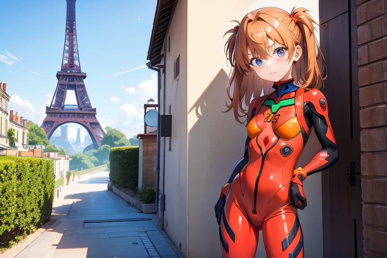 (6 year old girl:1.7), 

(cowboy shot:1.3), 
standing,
Asuka Langley Soryu from Neon Genesis Evangelion, young child, blue eyes, orange hair, hair between eyes, cute expression, childlike features, wearing a red plugsuit, outdoors, looking at viewer, innocent pose, standing in front of the Eiffel Tower in France on a bright sunny day, tower visible in background, Parisian landscape surrounding her.