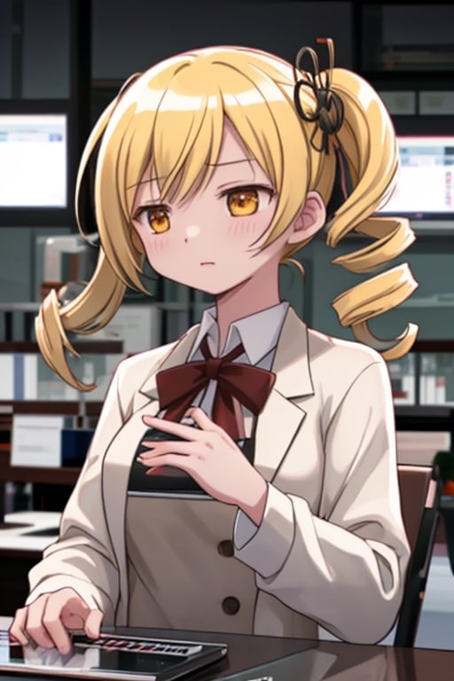 Create a stunning, high-resolution masterpiece of a solo young Japanese woman with blonde hair styled in twin drills and twintails, adorned with a professional-looking hair ornament. Her bright yellow eyes convey a sense of expertise and dedication. She wears a white lab coat over a collared shirt, indicating her role as a pharmacist. She holds a clipboard or tablet, signifying her engagement in her medical duties. Her expression is one of focused concentration, reflecting her professionalism and commitment to her work. Generate an image that is highly detailed and visually striking, with a focus on capturing the character's competence and authority in the pharmaceutical field. Highly detailed, masterpiece, 8K, 3D, photorealistic, 1 woman, solo, young, female, Japanese, lab coat, clipboard, tablet, serious expression, determined, authoritative.