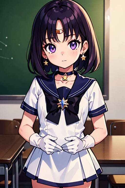  (A five-year-old girl:1.5),
 (Five years old:1.5),
 (infant:1.5),
 (little girl:1.5),
A beautiful and detailed illustration of a 6-year-old Japanese schoolgirl in a classroom setting, incorporating Sailor Saturn elements. She has short purple hair, purple eyes, and is wearing a magical girl outfit with a sailor senshi uniform, miniskirt, purple sailor collar, white gloves, circlet, brooch, choker, earrings, gloves, jewelry, and a star choker. The image should be in a high-quality, 8k resolution, with perfect lighting, extremely detailed CG, and perfect hands and anatomy. The girl should be looking at the viewer in a cowboy shot, with a natural light source and a school background. 