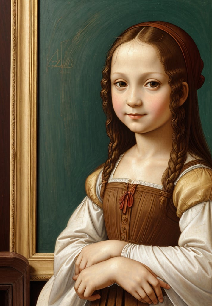 A painting of a 5-year-old girl in a school setting, depicted in Leonardo da Vinci's style, characterized by innocent, playful, and detailed features.