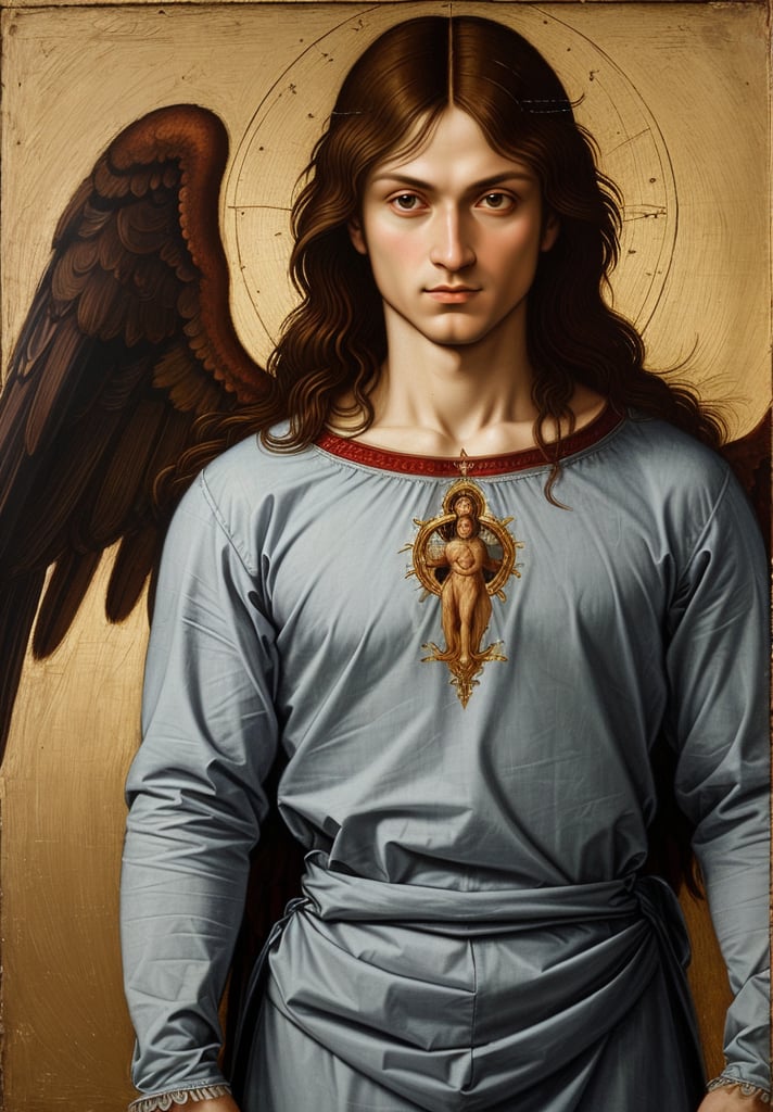 Create a portrait of Archangel Michael, wearing upper body attire, in the style of Leonardo da Vinci. Incorporate elements such as sfumato technique, realistic human anatomy, intricate drapery, and chiaroscuro lighting to capture the essence of the High Renaissance