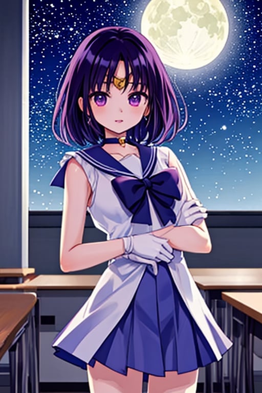 a 6-year-old Japanese girl,  (in a classroom setting:1.2), Generate a high-quality image of a 6-year-old Japanese schoolgirl in a classroom setting, dressed as Sailor Saturn. She should have purple eyes, short purple hair, and wear a circlet, brooch, choker, earrings, gloves, and a sailor senshi uniform with a miniskirt. The image should be set against a night sky with stars and a moon, and the girl should be looking directly at the viewer with a cowboy shot composition. The image should be a masterpiece with best quality, high resolution, and unity 8k wallpaper standards. The illustration should have beautiful, detailed eyes, an extremely detailed face, perfect lighting, and extremely detailed CG with perfect hands and anatomy. The background should be a beautiful, high-quality image of a school, with a focus on the girl as Sailor Saturn