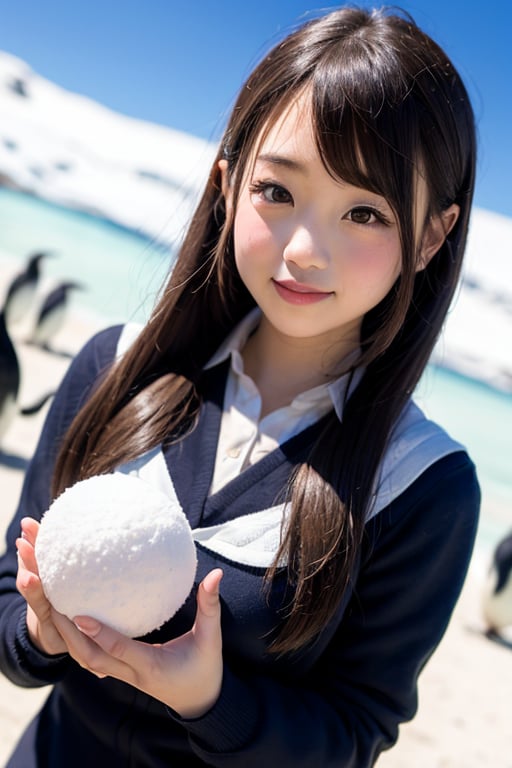 A beautiful elementary school girl with long, flowing black hair styled in elegant vertical rolls and captivating eyes embarks on an unforgettable adventure in the vast and icy landscapes of Antarctica. She wears a stylish elementary school girl uniform (either a sailor suit or a one-piece dress) that complements her youthful curiosity and resilience. The girl could be playing with penguins, having a snowball fight with friends, or simply marveling at the breathtaking beauty of the frozen continent. The scene is captured in high resolution and with the highest image quality, making it look realistic and as if it were a photograph.