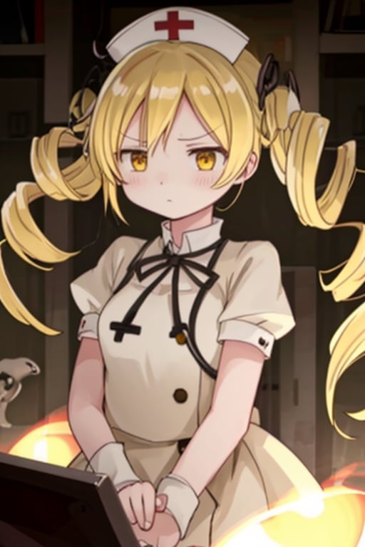 blonde_hair, drill_hair, twin_drills, twintails, hair_ornament, yellow_eyes, 1girl, nurse_uniform, medical_cap, stethoscope, serious_expression, determined, authoritative