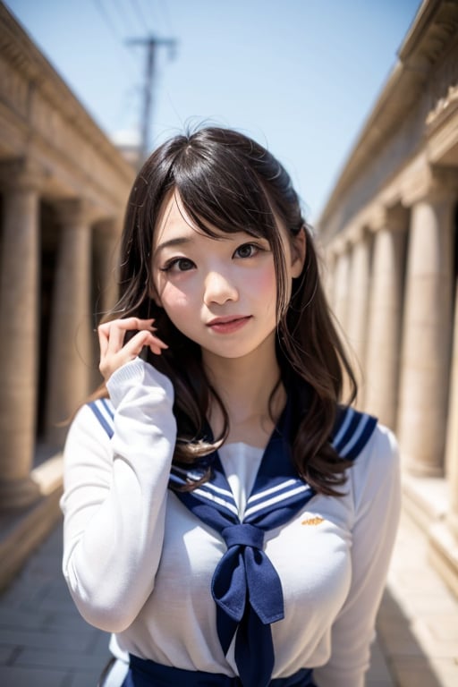 A beautiful elementary school girl with long, flowing black hair styled in elegant vertical rolls and captivating eyes embarks on a fascinating journey through the bustling streets of an ancient Greek city. She wears a stylish elementary school girl uniform (either a sailor suit or a one-piece dress) that complements her youthful curiosity and appreciation for history. The girl could be exploring the magnificent temples, strolling through the vibrant marketplace, or simply interacting with the friendly citizens of this ancient civilization. The scene is captured in high resolution and with the highest image quality, making it look realistic and as if it were a photograph.