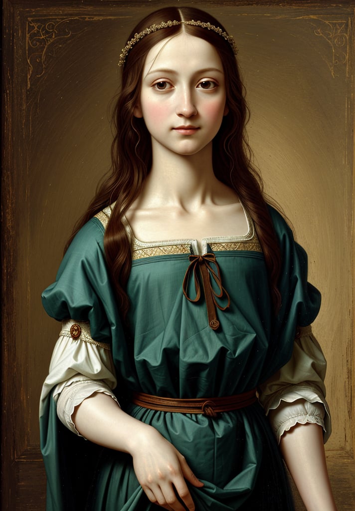 A Renaissance portrait in the style of Leonardo da Vinci, upper body of a 5-year-old child as Jesus Christ, wearing his iconic upper body clothing. The painting should feature sfumato technique, subtle gradations, a serene expression, muted earth tones, atmospheric perspective, a detailed background landscape, chiaroscuro lighting, realistic child anatomy, intricate drapery of Renaissance clothing, oil on wood panel, high level of detail, masterful composition, soft ethereal glow, gentle facial features, flowing hair, delicate hands, and a subtle halo effect.