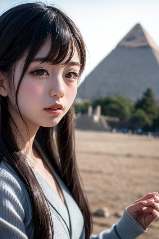 A young Japanese girl with long, raven-black hair standing in the foreground, facing the imposing ancient pyramids of Giza. She wears a futuristic-inspired outfit that blends traditional Japanese elements with a sleek, modern design. The girl's expression is one of awe and wonder, as she gazes up at the timeless monuments of the past. The contrast between the girl's forward-looking attire and the ancient, weathered stone of the pyramids creates a sense of cultural exchange and global interconnectedness. The scene conveys a feeling of curiosity and exploration, with the girl serving as a representation of the next generation's engagement with the mysteries and marvels of the world.