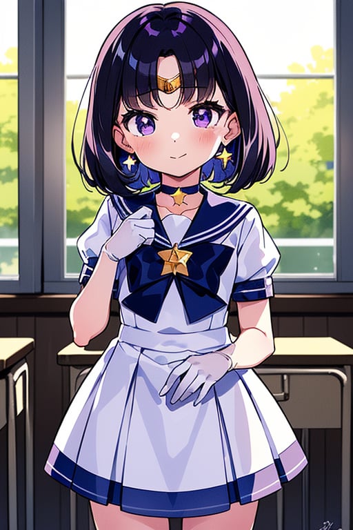  (A five-year-old girl:1.5),
 (Five years old:1.5),
 (infant:1.5),
 (little girl:1.5),
A beautiful and detailed illustration of a 6-year-old Japanese schoolgirl in a classroom setting, incorporating Sailor Saturn elements. She has short purple hair, purple eyes, and is wearing a magical girl outfit with a sailor senshi uniform, miniskirt, purple sailor collar, white gloves, circlet, brooch, choker, earrings, gloves, jewelry, and a star choker. The image should be in a high-quality, 8k resolution, with perfect lighting, extremely detailed CG, and perfect hands and anatomy. The girl should be looking at the viewer in a cowboy shot, with a natural light source and a school background. 