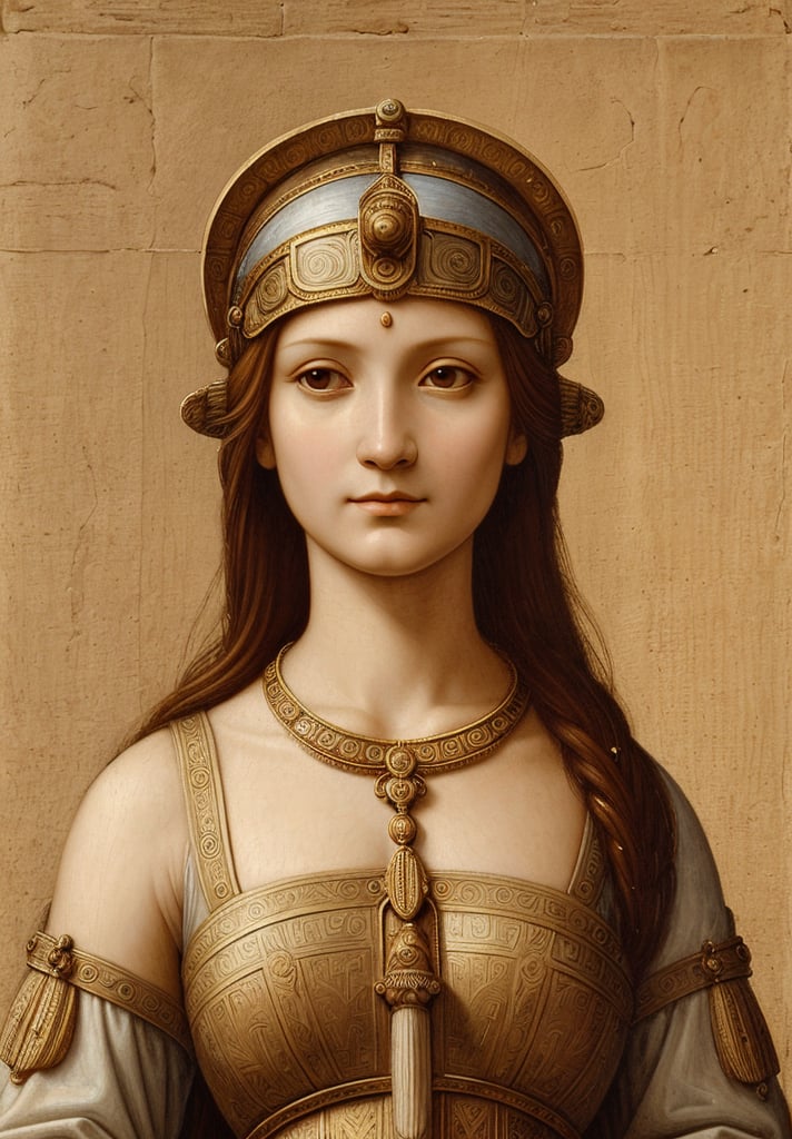 A portrait in the distinctive style of Leonardo da Vinci, depicting the upper body of the goddess Athena in an ancient city. The background subtly hints at an ancient city, with elements such as detailed architecture, temples, and market scenes visible but not distracting from the main subject. Athena is shown wearing traditional ancient clothing, with a serene and wise expression. The painting captures the intricate details and realistic textures typical of Leonardo da Vinci's work, with a focus on light and shadow to create depth and dimension. Use the sfumato technique for soft transitions between colors and tones, and emphasize Athena's divine features and commanding presence. Blend Renaissance and ancient aesthetics seamlessly.