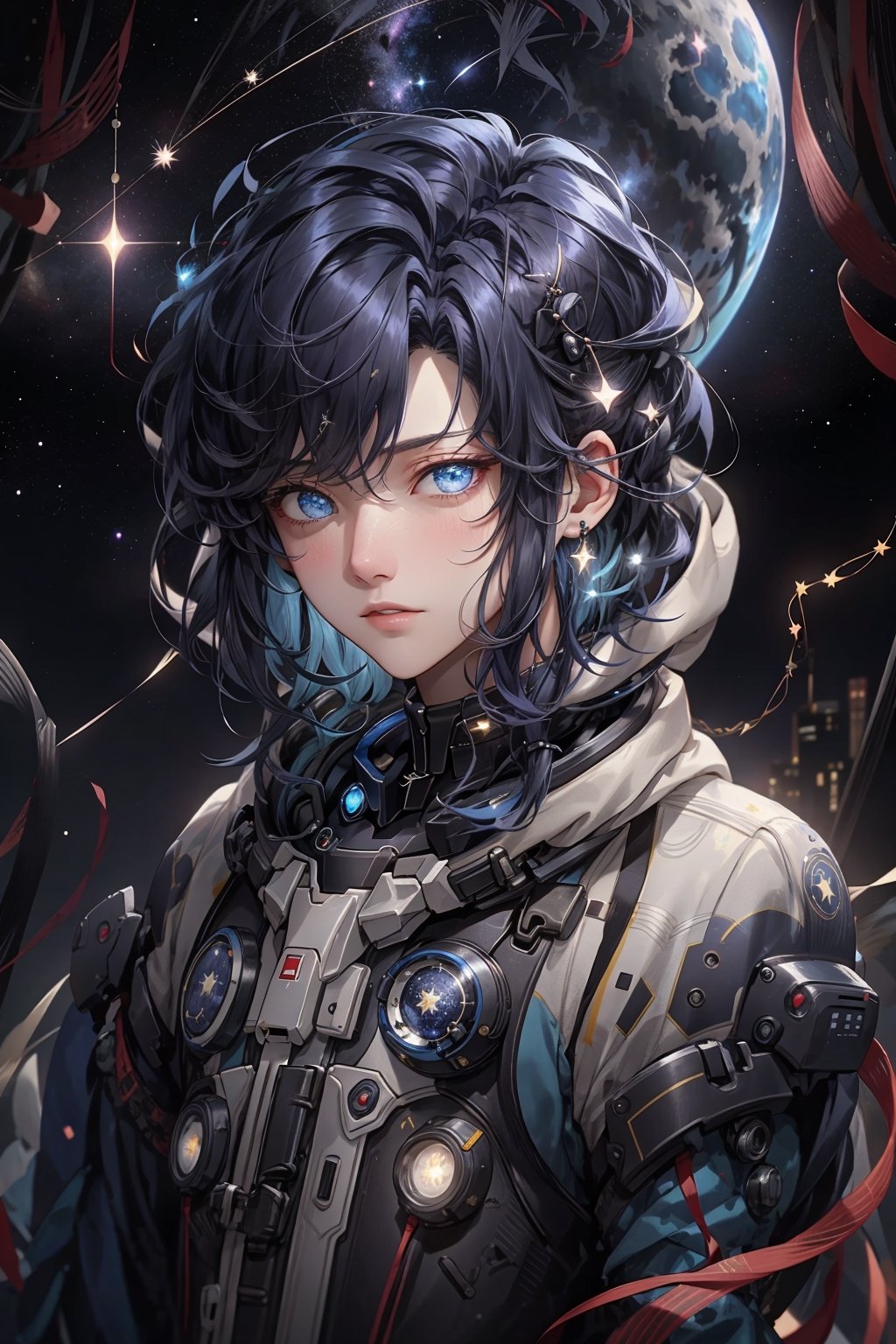 Best quality, best illustration, best lighting, incredible quality, highly detailed 8k CG wallpaper, detailed eyes, detailed face, detailed hair,
middle-distance, raytracing, 1man, astronaut, aurora, bangs, black_hair, blue_eyes, city_lights, cloud, constellation, crescent_moon, earrings, earth_\(planet\), fireworks, flower, galaxy, jewelry, light_particles, long_sleeves, male_focus, milky_way, moon, night, night_sky, planet, rainbow, shooting_star, short_hair, sky, solo, space, sparkle, star_\(sky\), star_\(symbol\), starry_background, starry_sky, starry_sky_print, upper_body, window.