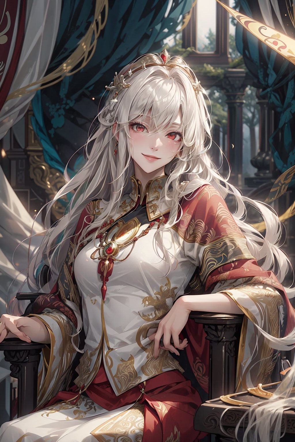 Best quality, best illustration, best lighting, incredible quality, highly detailed 8k CG wallpaper, detailed eyes, detailed face, detailed hair,
middle-distance, raytracing, 1girl, solo, (the empress:1.15), platinum blonde, long hair, (red cape), Curtain, white dress, queen dress, aurora, (sunshine, sky, river, forest), expressionless, red eyes, very long hair, (art nouveau:1.2), alphonse mucha, tiara, (face focus, upper body), sit, (red throne:1.12), tiara, crossing legs, highly intricate details, realistic light, smile,alluring_lolita_girl,Wlop, 