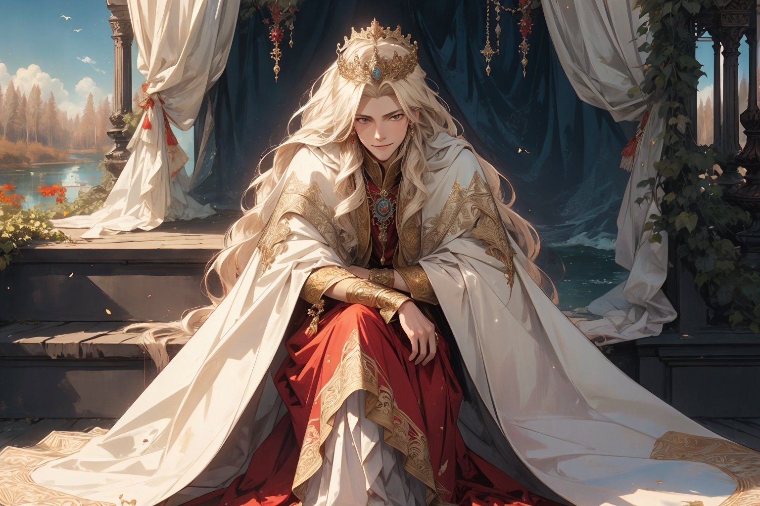 (masterpiece, best quality), 1man, solo, (the empress:1.15), platinum blonde, long hair, (red cape), Curtain, white suit, king  coat, aurora, (sunshine, sky, river, forest), expressionless, red eyes, very long hair, (art nouveau:1.2), alphonse mucha, tiara, (face focus, upper body), tiara, crossing legs, highly intricate details, realistic light, smile,