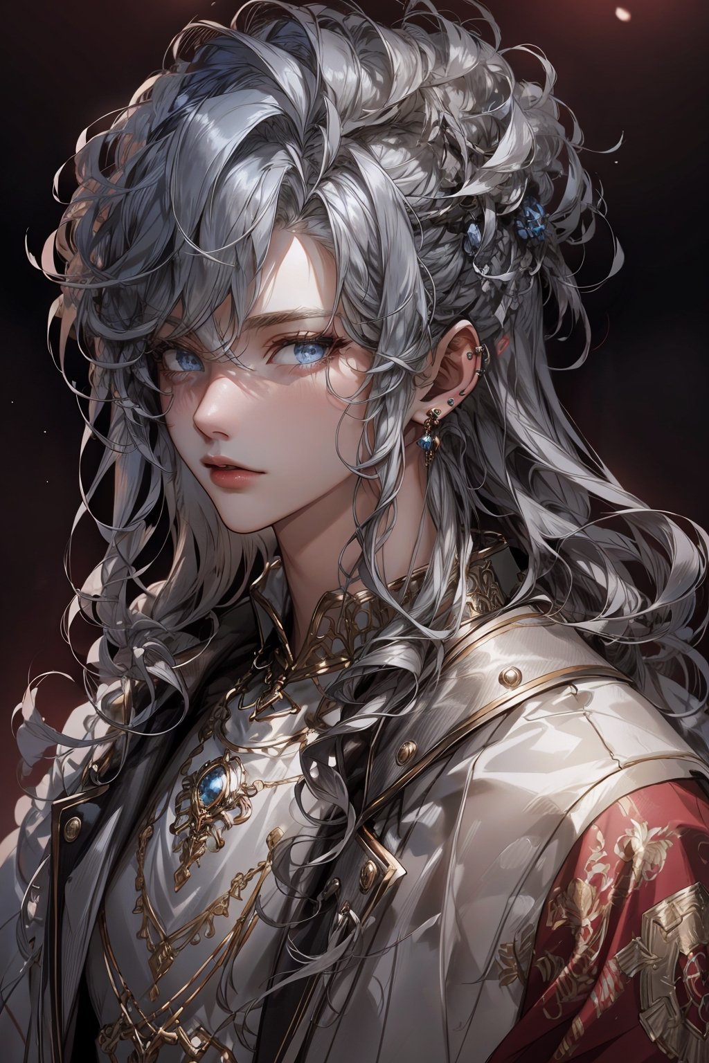 Best quality, best illustration, best lighting, incredible quality, highly detailed 8k CG wallpaper, detailed eyes, detailed face, detailed hair,
1man, bare_shoulders, blue_eyes, blue_hair, earrings, hair_between_eyes, jacket, jewelry, looking_at_viewer, off_shoulder, open_clothes, own_hands_together, red_background, solo.