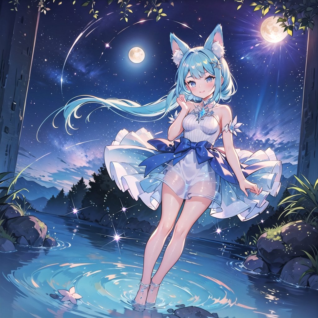 idol, big eyes, forest, night, moonlight, lake, starry sky, girl,Animal ear,phcrystal,atdan