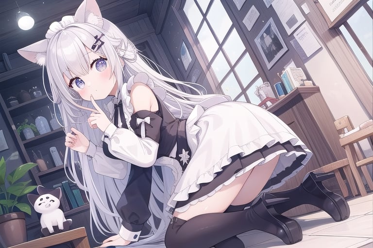 In the cafe, girl, cat ears, maid outfit, kneeling