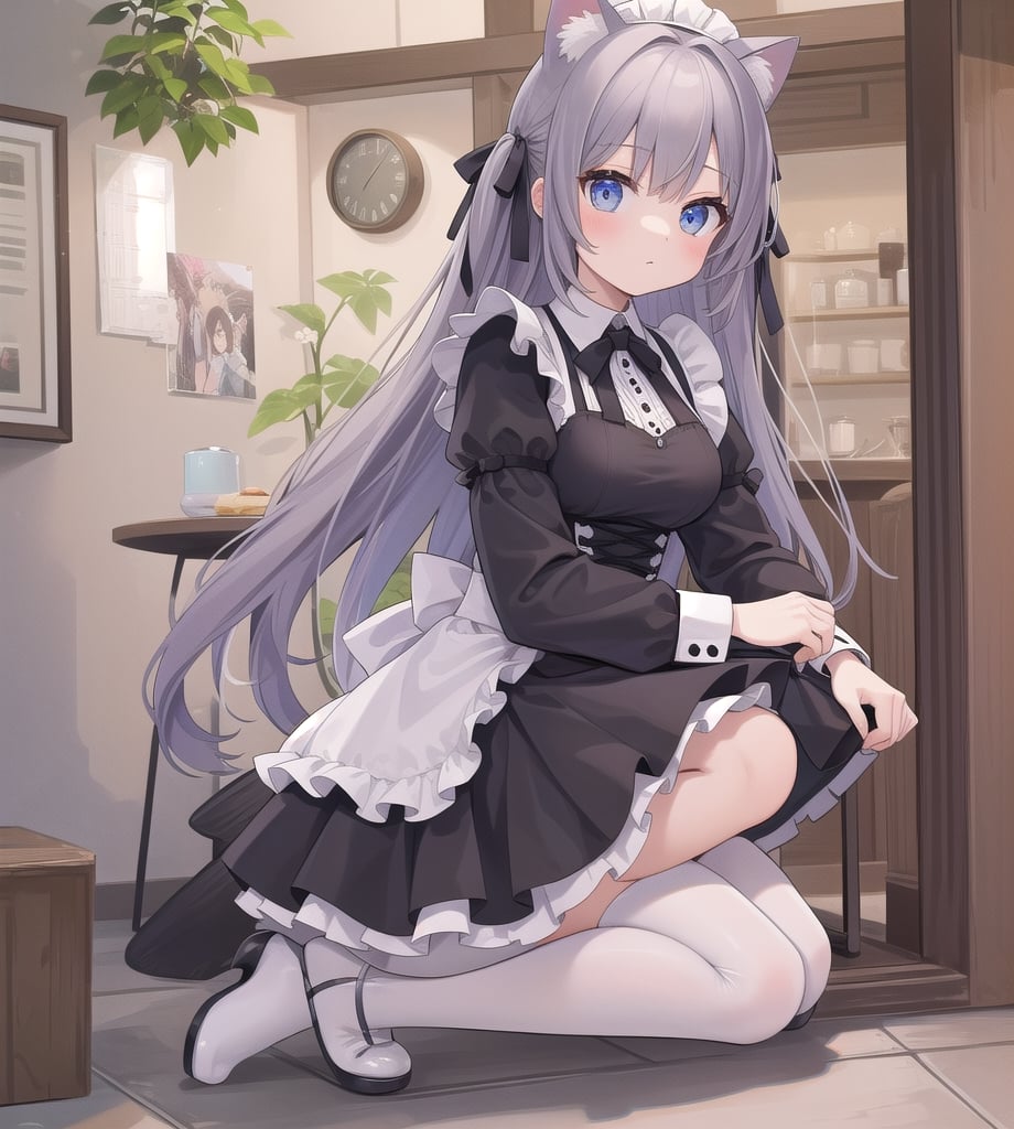 In the cafe, girl, cat ears, maid outfit, kneeling