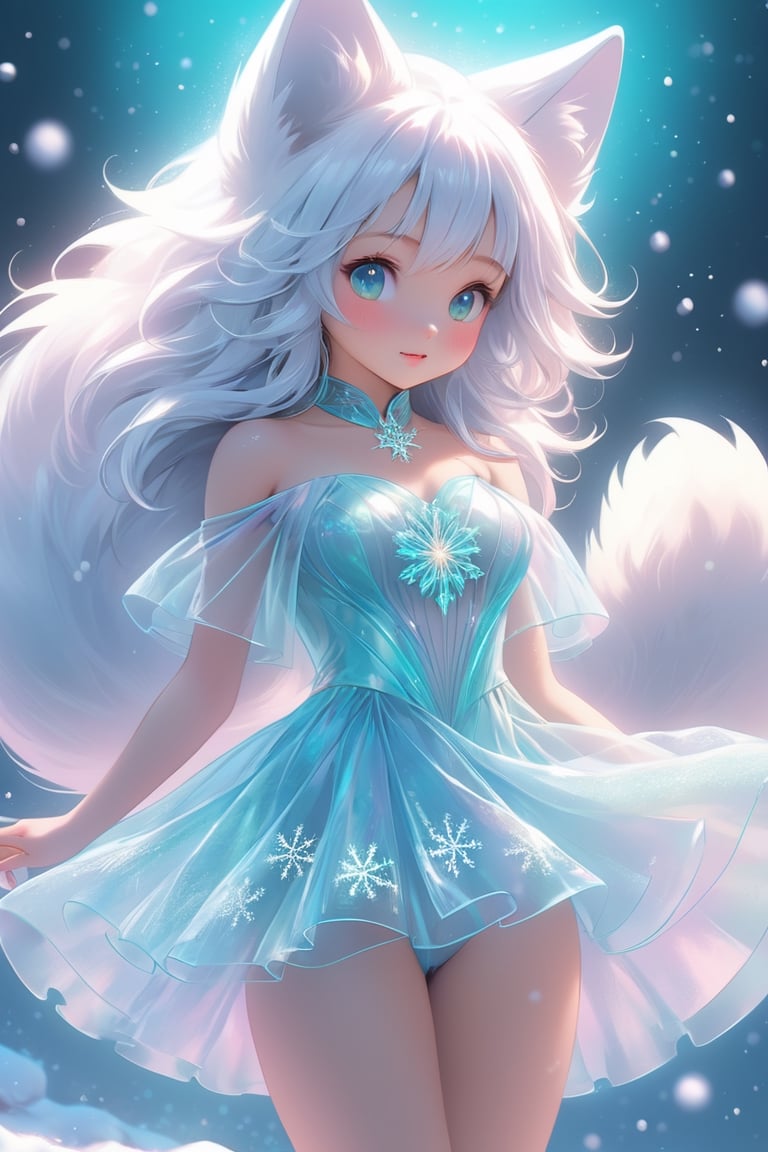 the fur beautiful, body, full body, hairyskin,fantasy, subsurface scattering, perfect anatomy,  glow, bloom, Bioluminescent liquid,china style,Movie Still, royal color, vibrant, volumetric light (masterpiece, top quality, best quality, official art, beautiful and aesthetic:1.2), (1girl),extreme detailed,(abstract, fractal art:1.3),colorful hair,highest detailed, detailed_eyes,snowflakes, ice crystals, light_particles,snow fox girl,babyface, perfect body, five fingers, perfect hands, anatomically perfect body, sexy posture,(aqua eyes),(white hair), long straight hair,(white fur off-shoulder ), barefeet, fox, dance Stance,dynamic angle,depth of field, hyper detailed, highly detailed, beautiful, small details, ultra detailed, best quality, 4k,(whole body),spirit fox Pendant,mythical clouds,Xxmix_Catecat,cat