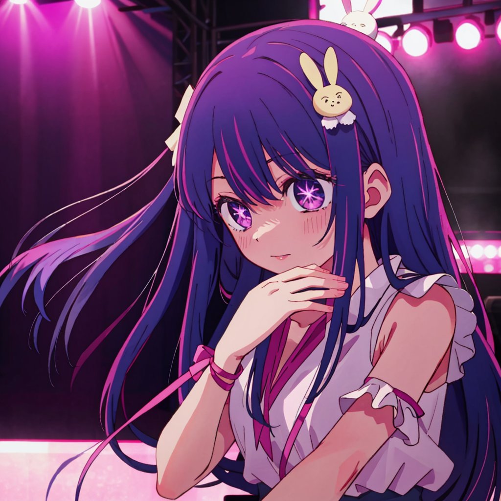 Put on Hoshino Ai costume, purple hair, purple eyes, beautiful, bunny hair accessories, untied, purple eyes, concert, alone