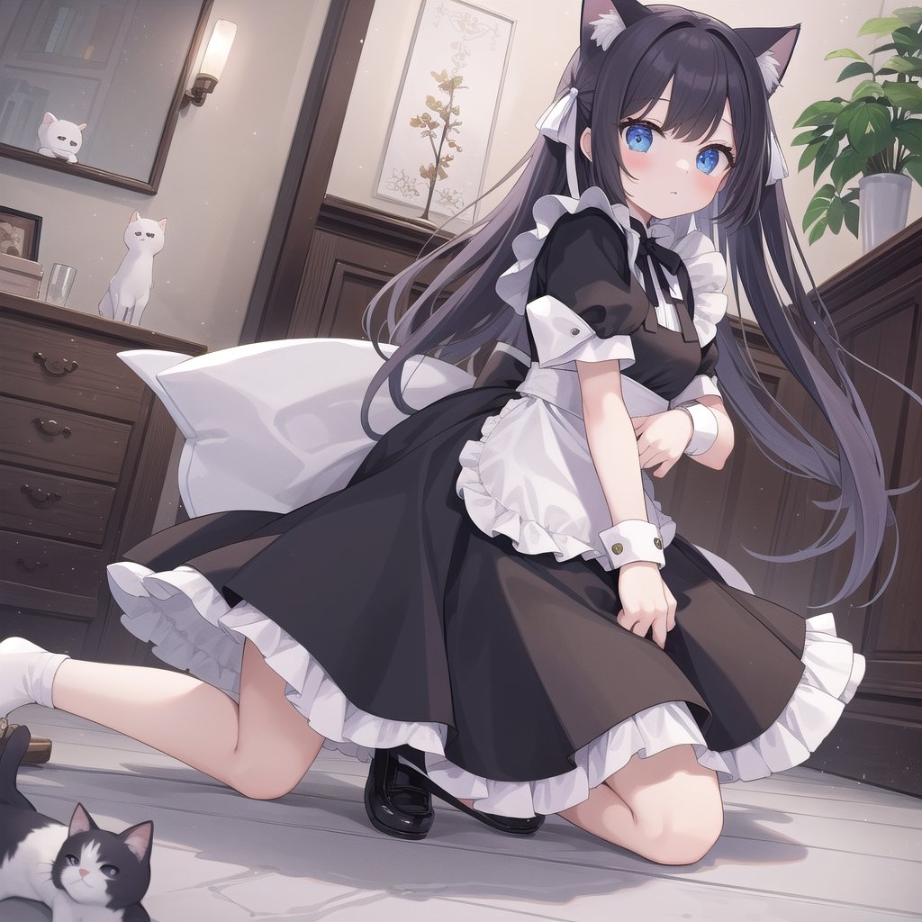 In the cafe, girl, cat ears, maid outfit, kneeling